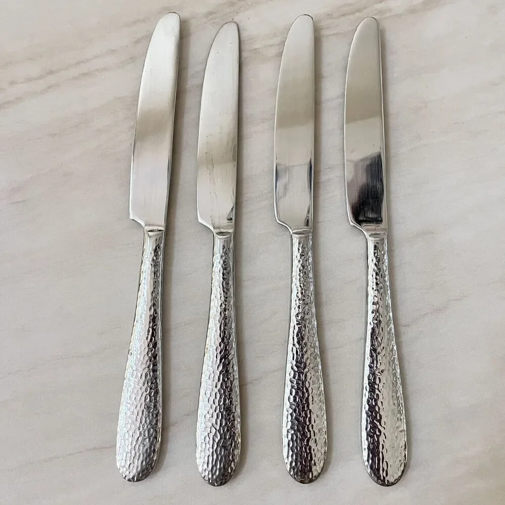 4pc CAMBRIDGE Rendezvous Stainless Dinner Knife 9 in Flatware Hammered Round Tip